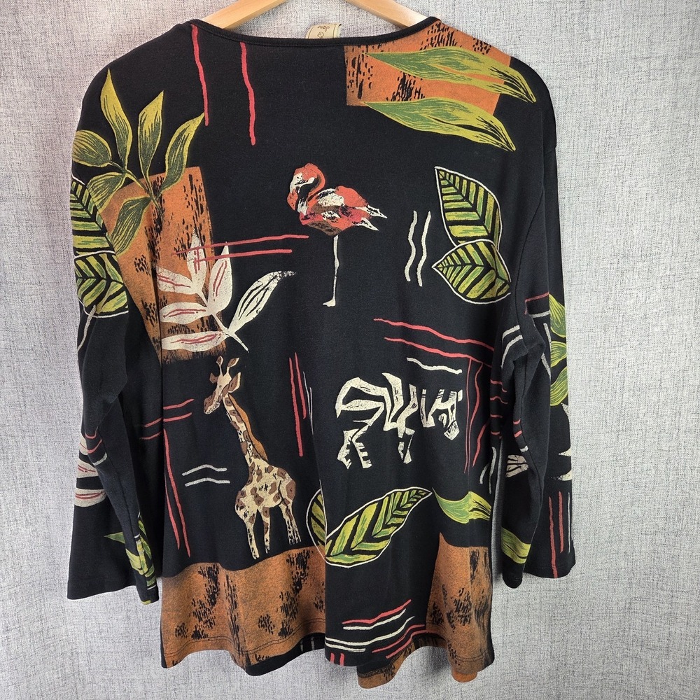 Jess & Jane Womens Tropical Leaf Animal Print Top Multicolor 3/4 Sleeve USA Made - Picture 5 of 6
